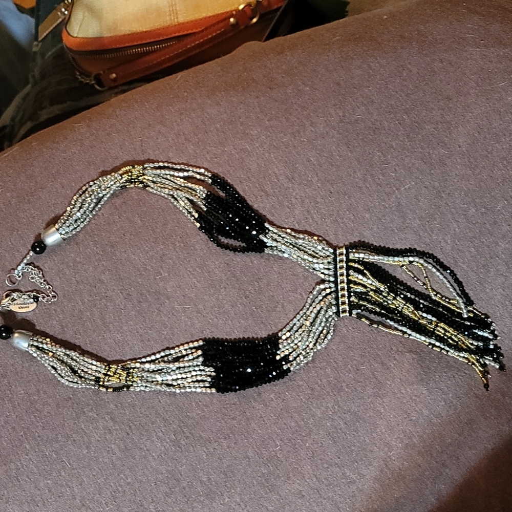 HIMALAYAN GEMS TASSEL FRINGE NECKLACE- BLACK, SILVER, & GOLD